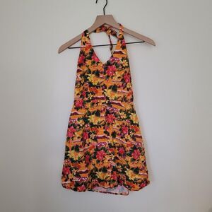 Sourpuss Tropical Paradise Halter Dress Size M | Vibrant Orange Yellow Floral